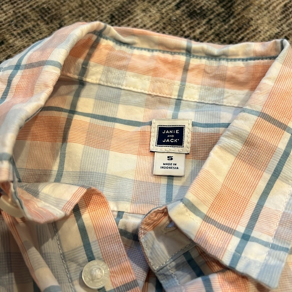 Janie and Jack Peach and Blue Plaid Shirt - Picture 2 of 3